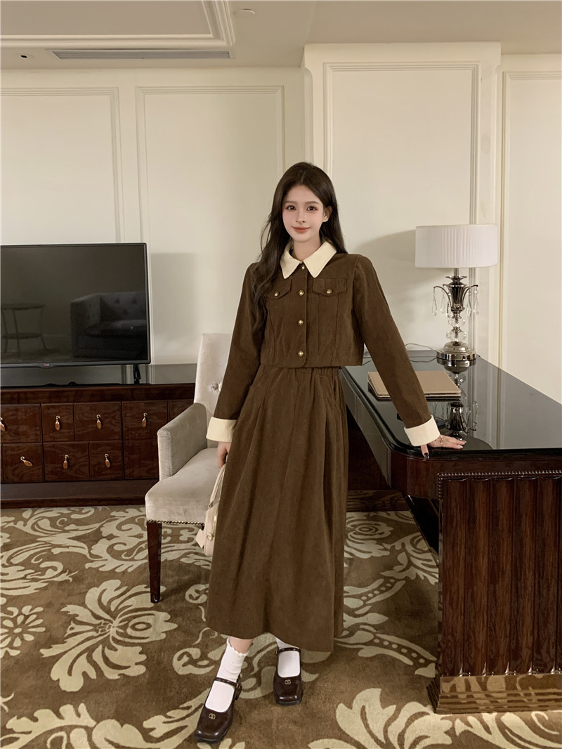 Contrast color lapel long-sleeved jacket high-waisted A-line skirt for women autumn 2023 new two-piece set