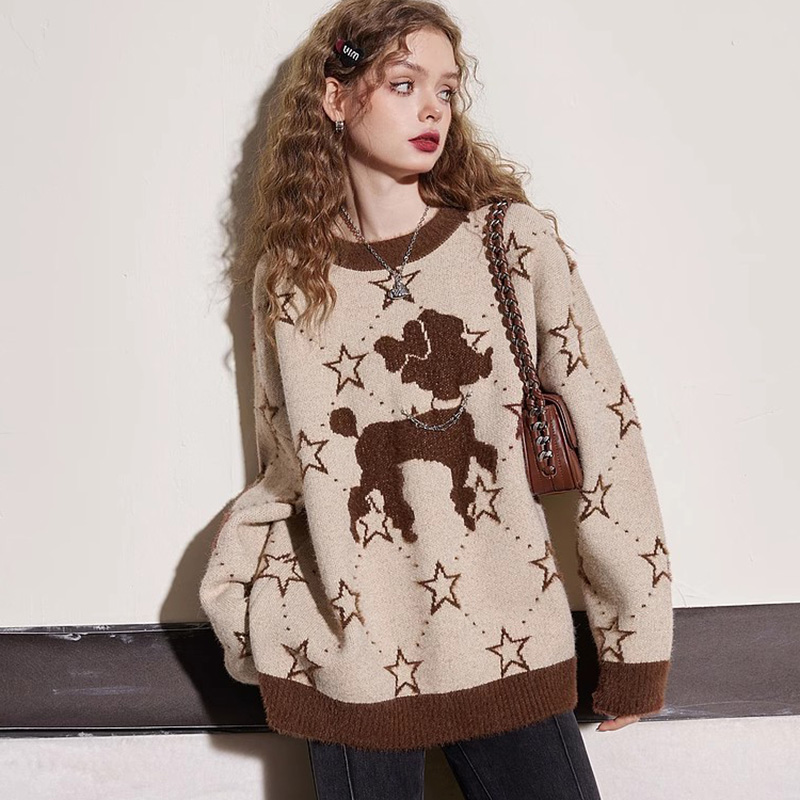 Quality loose round neck pullover sweater for women winter sweet atmosphere mid-length long-sleeved sweater