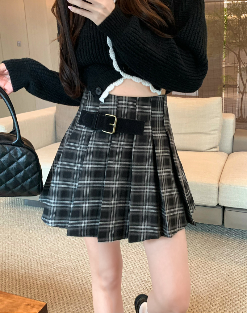 Real shot plaid skirt women's high waist pleated skirt 2023 autumn and winter new slim A-line skirt short skirt