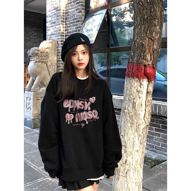 Black velvet round neck American retro sweatshirt for women 2023 new autumn and winter oversize lazy style top