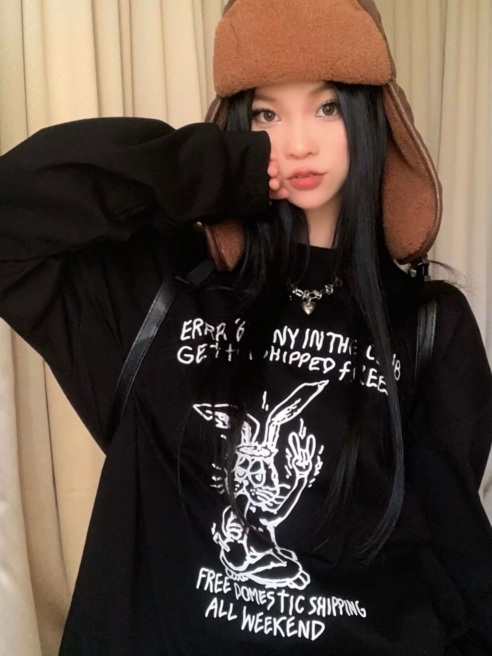 Actual shot~Niche retro rock bunny letter print loose thickened T-shirt mid-length long-sleeved casual