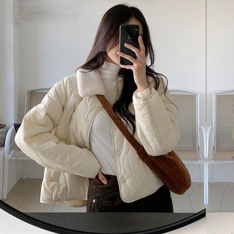Wave plaid quilted cotton detachable fur collar cotton top women's 2023 autumn small quilted thin cotton casual jacket