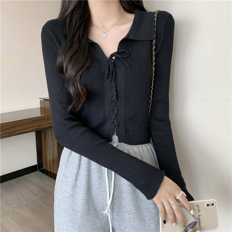 Actual shot of Korean style lace-up Polo collar slimming long-sleeved knitted bottoming shirt with cuffs slit T-shirt top