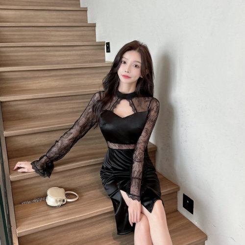 Real shot of 2023 new sexy nightclub slim fit lace splicing hip-hugging dress