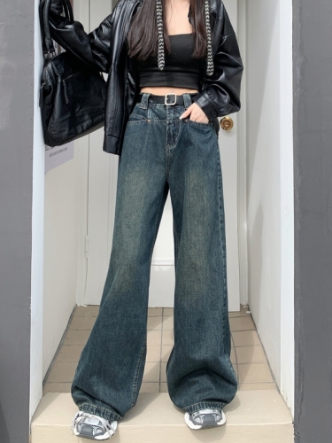 Actual shot #New loose high-waisted denim trousers for women washed spliced ​​wide-leg floor-length trousers