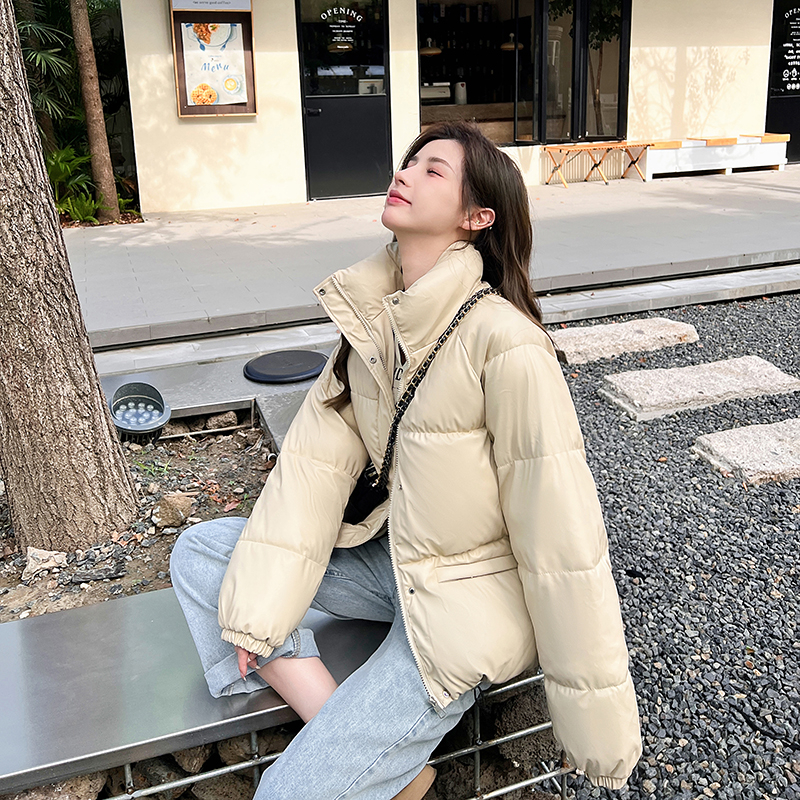 2023 New PU Leather Korean Down Jacket Women's Short Stand Collar Small Thickened Fashion Jacket Bread Cotton Clothes Trendy