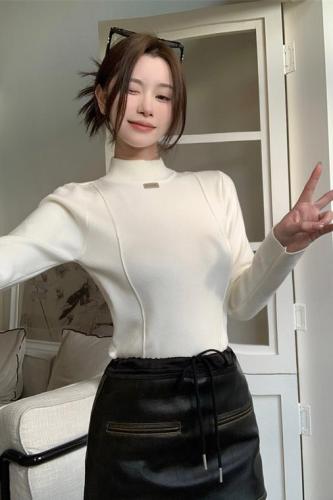 Real shot of autumn and winter new style splicing inner half turtleneck long-sleeved sweater slim fit bottoming sweater for women