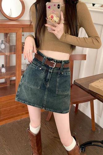 Actual shot of 2023 winter new retro workwear denim short skirt for women high-waisted A-line hip-covering skirt with free belt