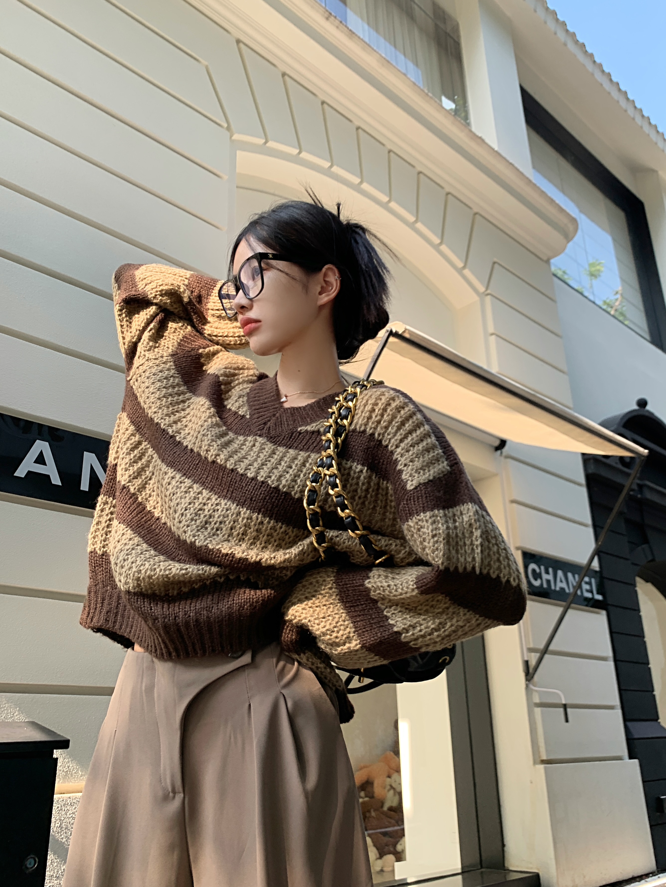 Real shot striped sweater coat women's cardigan autumn new v-neck oversize lazy style sweater