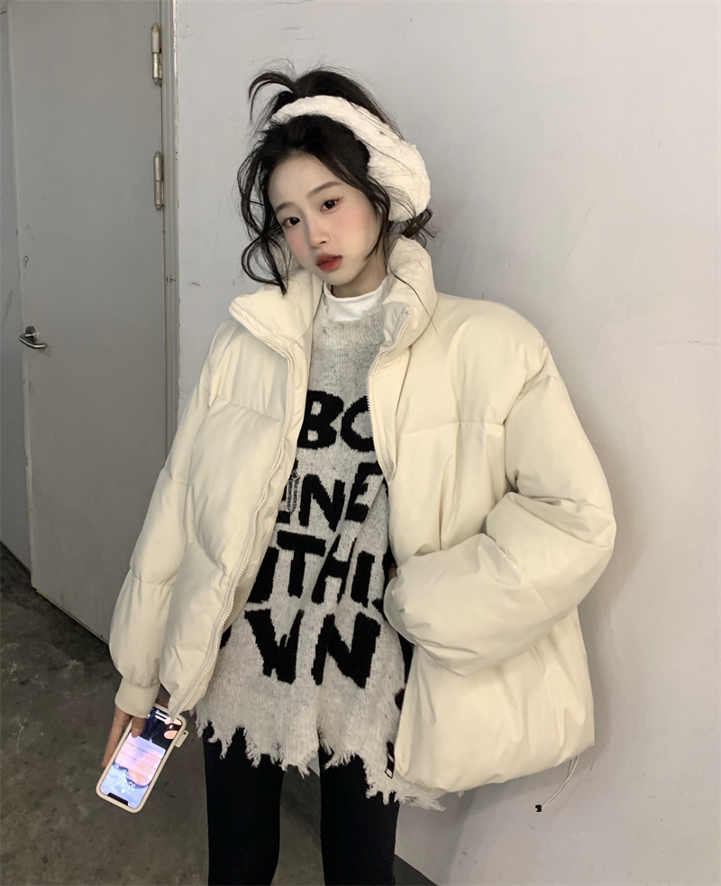 Real shot of versatile solid color down cotton jacket for women in autumn and winter, thickening, versatile loose cotton jacket, thickened and trendy