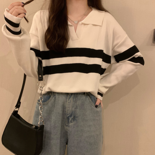 Actual shot of Korean style Polo collar long-sleeved sweater for women striped loose sweater