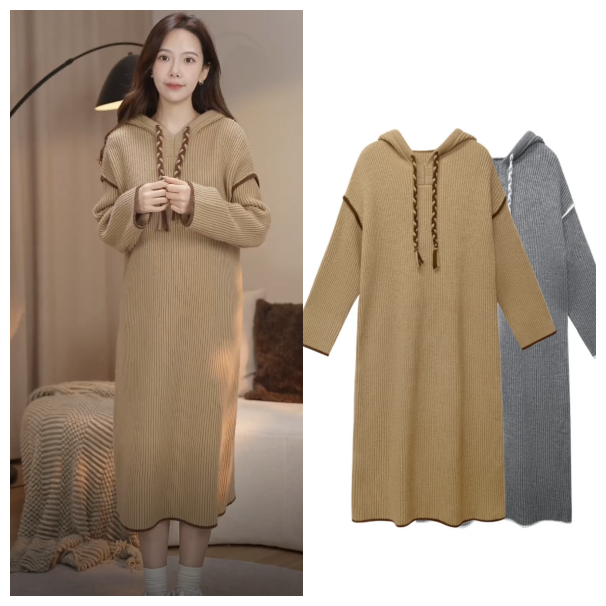2023 Autumn and Winter Loose Hooded Mid-Length Knitted Dress UB3Q89377