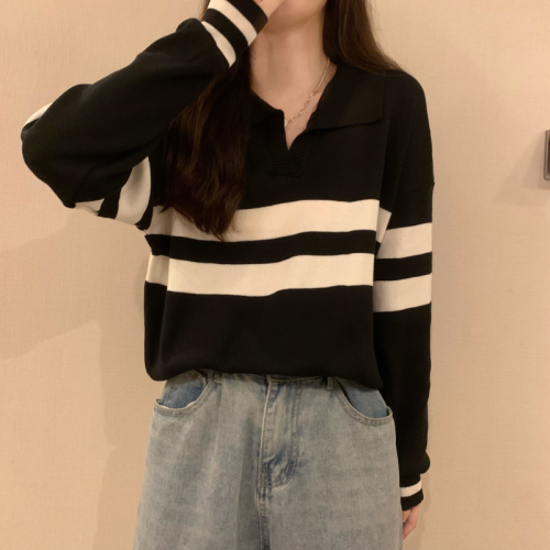 Actual shot of Korean style Polo collar long-sleeved sweater for women striped loose sweater