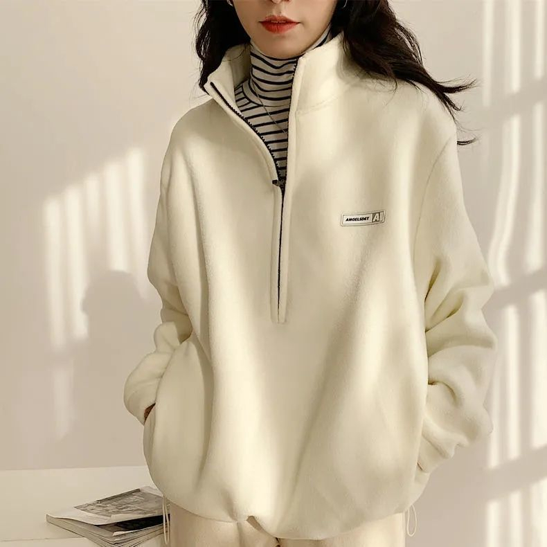 Polar fleece sweatshirt for women 2023 autumn and winter pullover plus velvet thickened top warm zipper stand collar loose fleece jacket