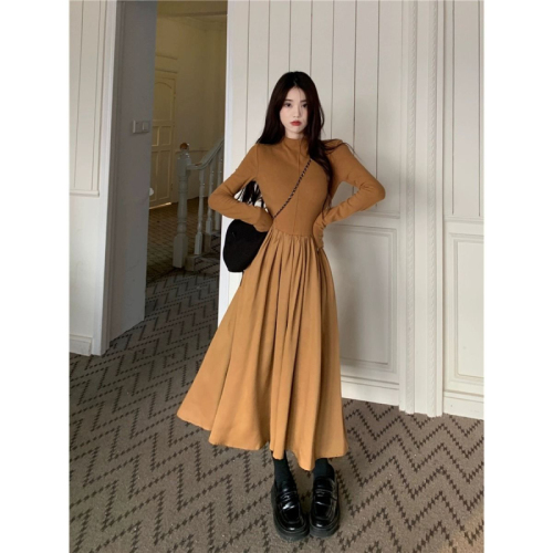 Maillard Dress Women's Autumn  New Half-Turtle Collar Waist Slimming Pleated Mid-Length Long-Sleeved Large Hem Skirt