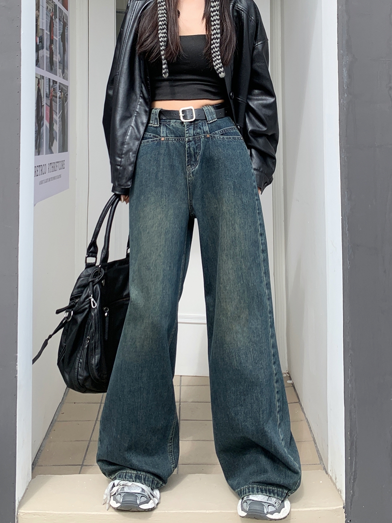 Actual shot #New loose high-waisted denim trousers for women washed spliced ​​wide-leg floor-length trousers