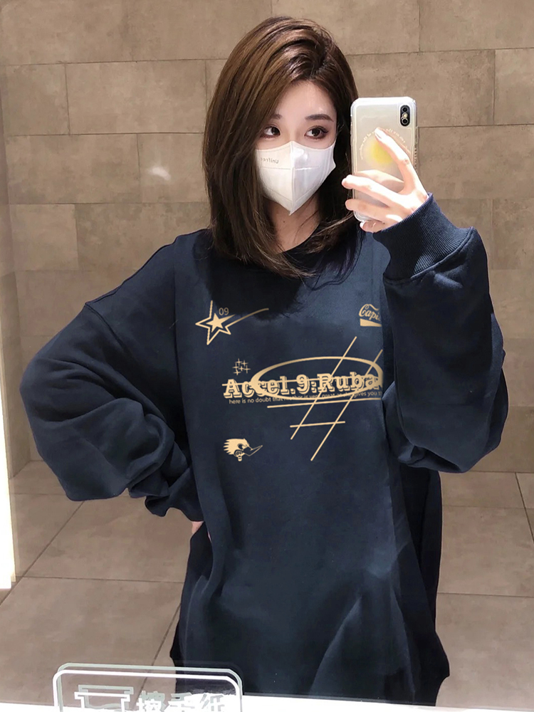 Niche design navy blue round neck sweatshirt for women 2023 new velvet thickened pullover hooded top trendy ins