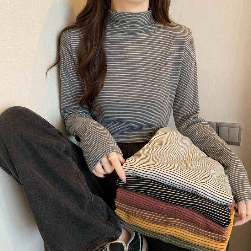 Actual shot ~ Autumn and winter new Korean version versatile pinstripe half-turtle collar brushed thickened warm long-sleeved base T-shirt
