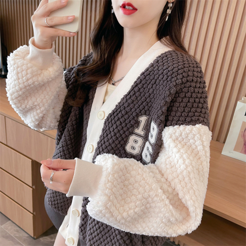Actual shot-winter double-sided velvet jacket, lamb velvet simple girly style button sweater jacket for trendy women