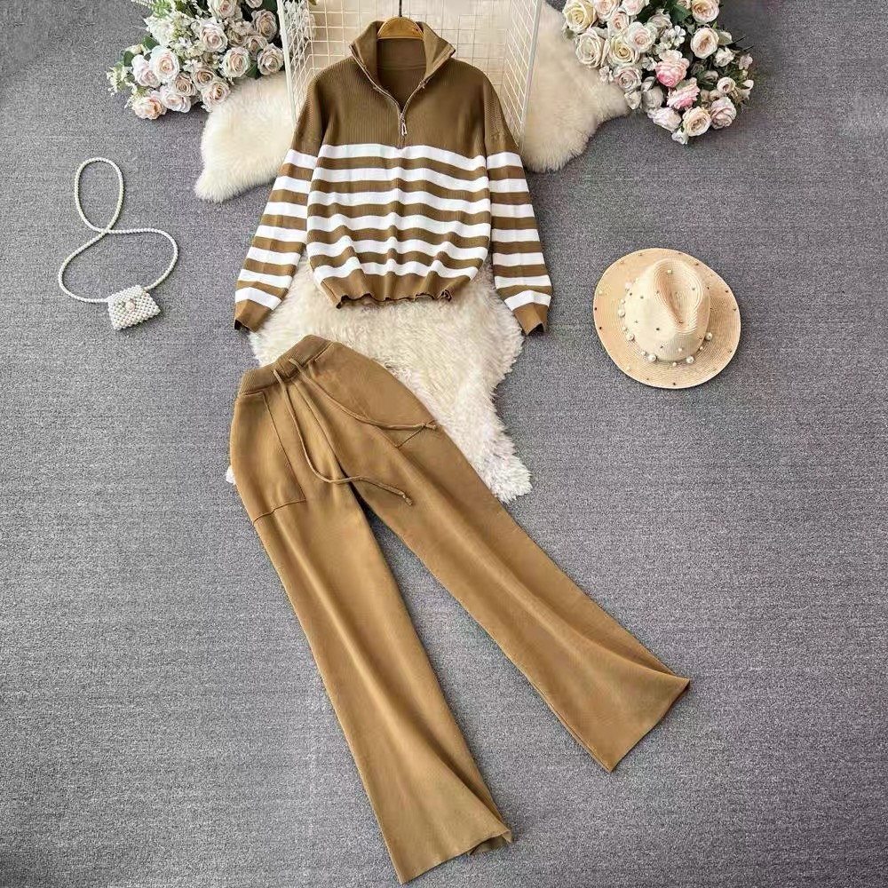 Fashion suit for women in autumn and winter contrast striped polo collar loose knitted sweater two-piece set high-waisted wide-leg pants