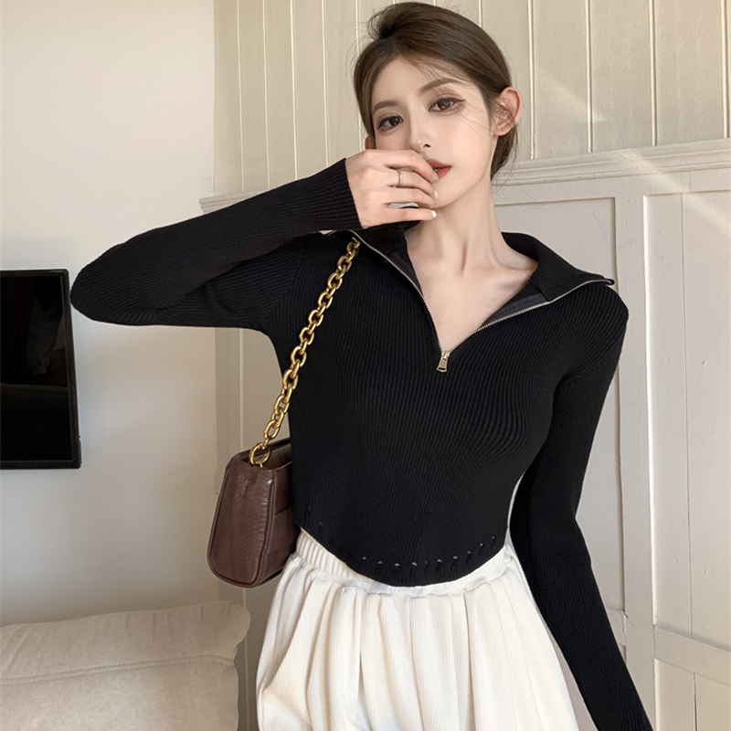 Small autumn and winter zippered half-turtleneck sweater for women, new style, irregular slim fit, unique and unique top jacket