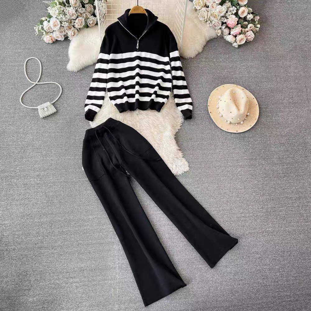 Fashion suit for women in autumn and winter contrast striped polo collar loose knitted sweater two-piece set high-waisted wide-leg pants