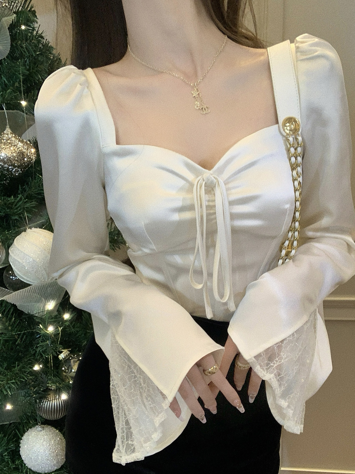 Shirt women's design niche shirt spring and summer white short square collar temperament long-sleeved top