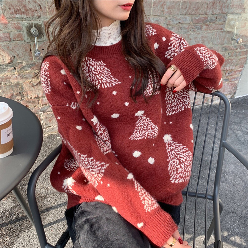 Korean style loose and slim round neck super hot long-sleeved snowflake Christmas and New Year sweater for women thickened warm outer sweater