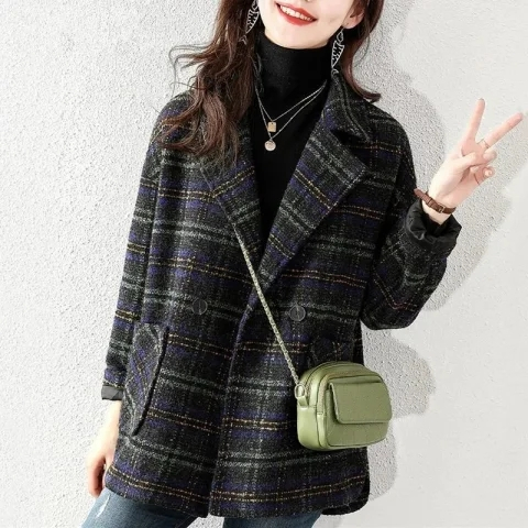 New plaid suit woolen coat autumn and winter women's Korean style loose retro plaid woolen coat mid-length