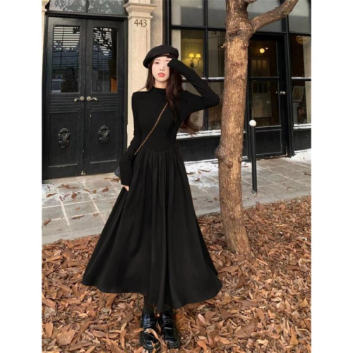 Maillard Dress Women's Autumn  New Half-Turtle Collar Waist Slimming Pleated Mid-Length Long-Sleeved Large Hem Skirt