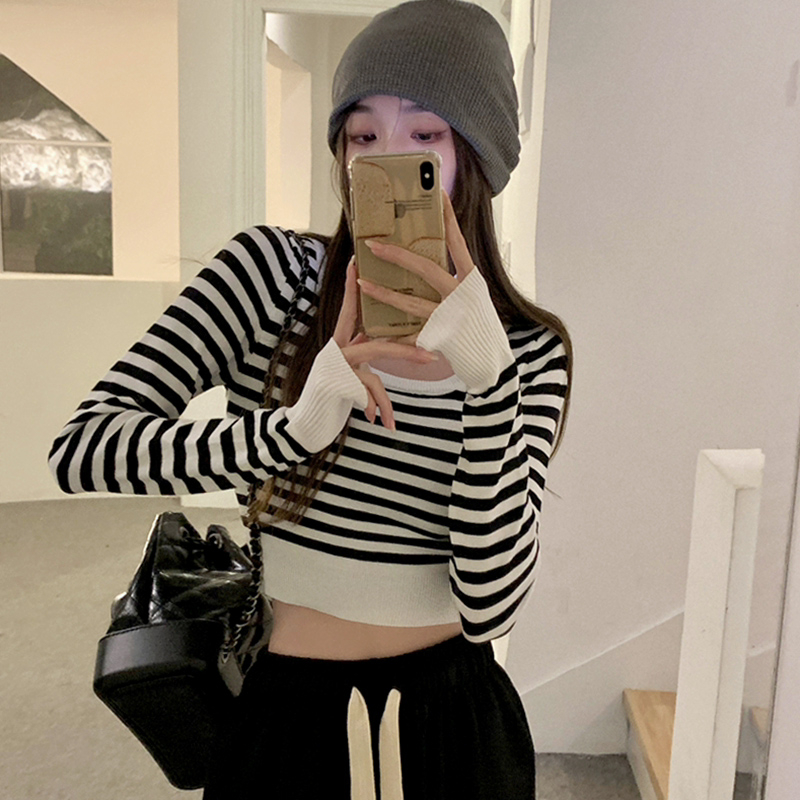 French contrast striped sweet girl design niche long-sleeved sweater early autumn new short top for women