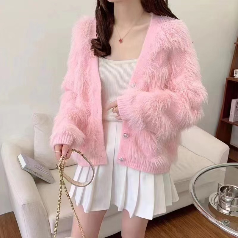 New sweet wavy pattern thick imitation mink V-neck fur knitted jacket
