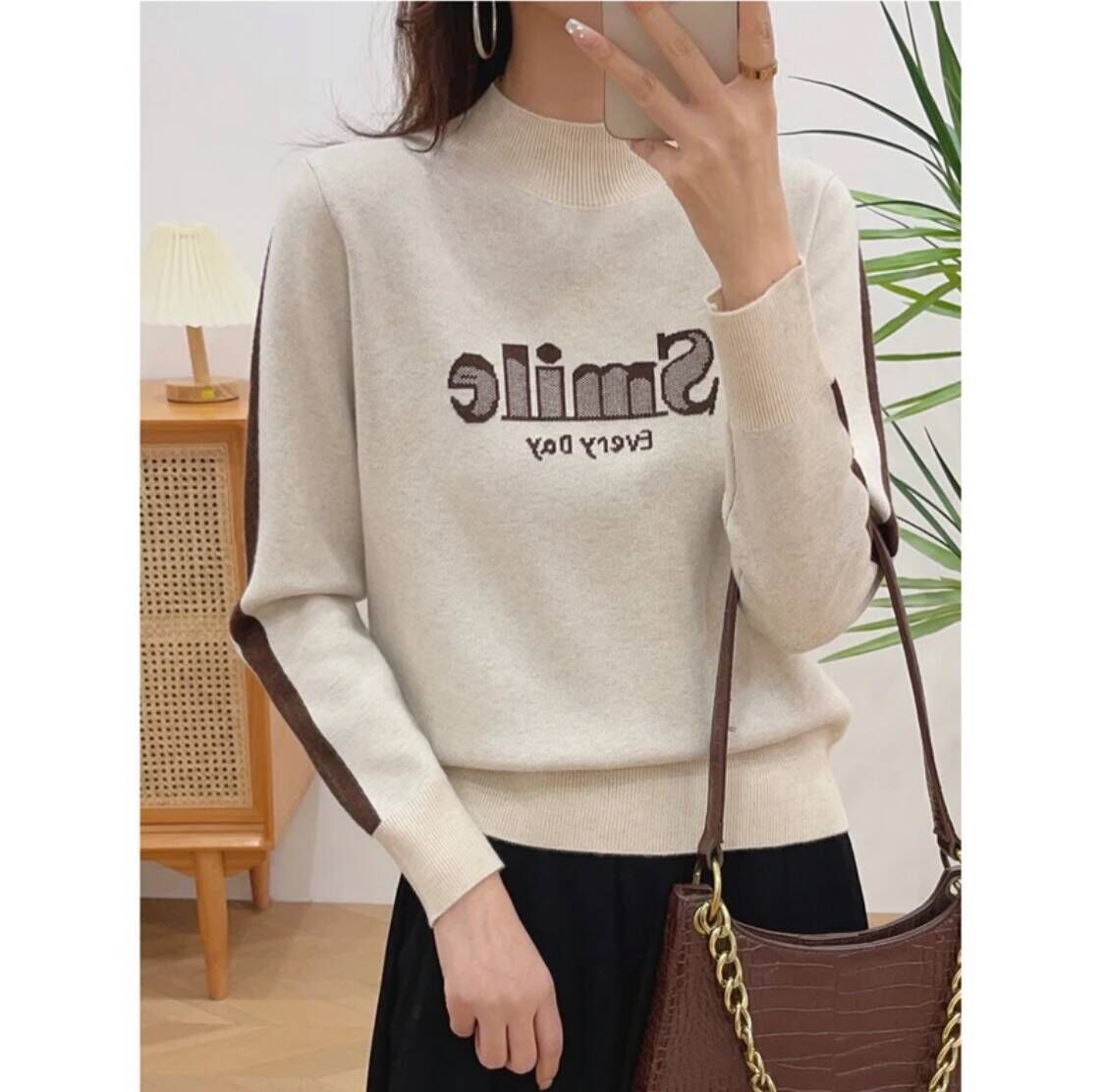 Half turtleneck loose-fitting slim sweater for women, letter jacquard bottoming shirt with long-sleeved western-style knitted sweater pullover top