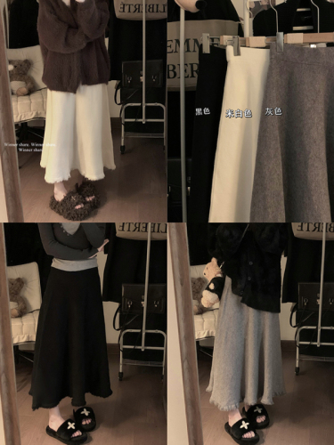 Real shot ~ New autumn and winter Korean style loose high-waisted slim and drapey knitted mid-length skirt for women
