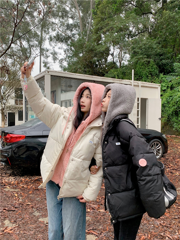 Actual shot~Korean style design hooded splicing fake two-piece lamb wool cotton-padded jacket for women
