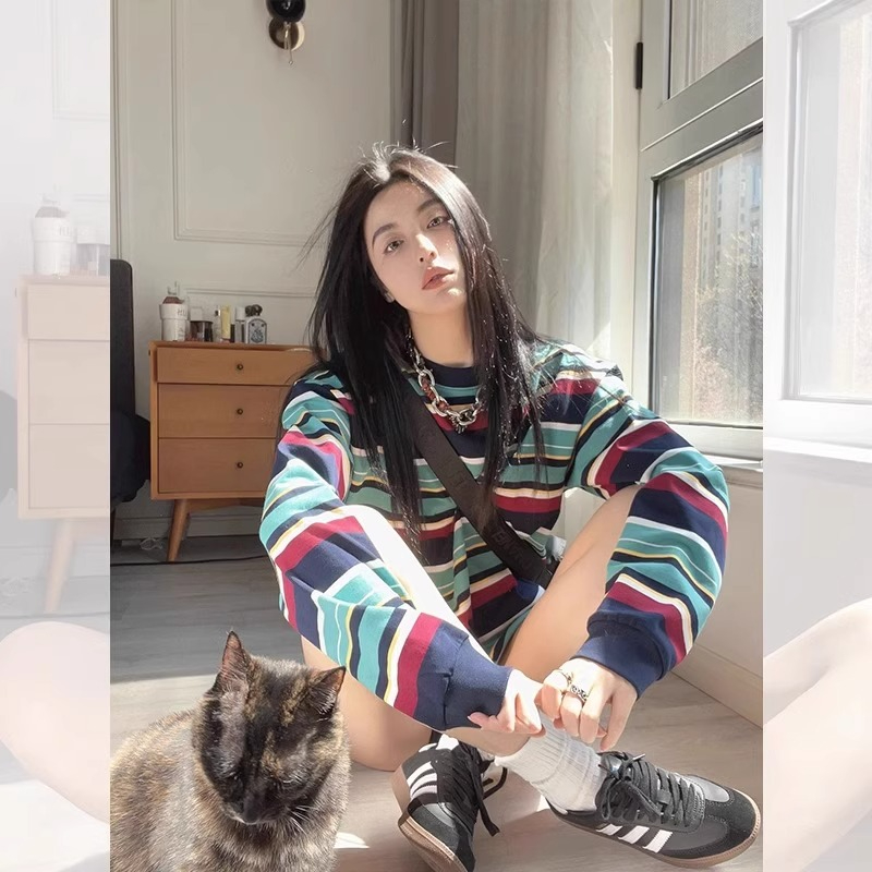 vintage美式衛衣女秋冬季街頭圓領條紋長袖休閒情侶