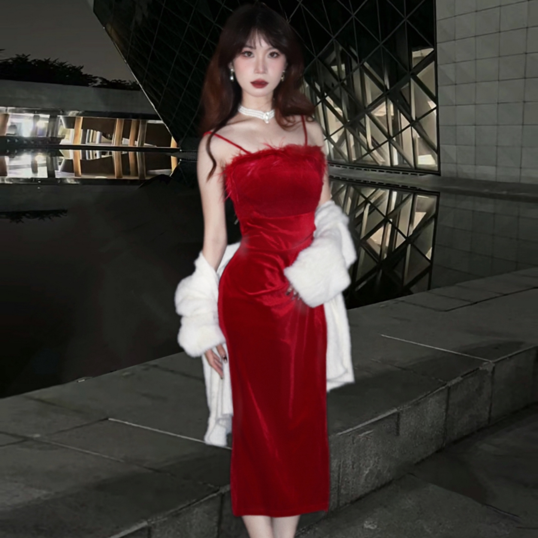 Real shot of retro gilded temperament red fur collar suspender skirt elegant high waist dress autumn style