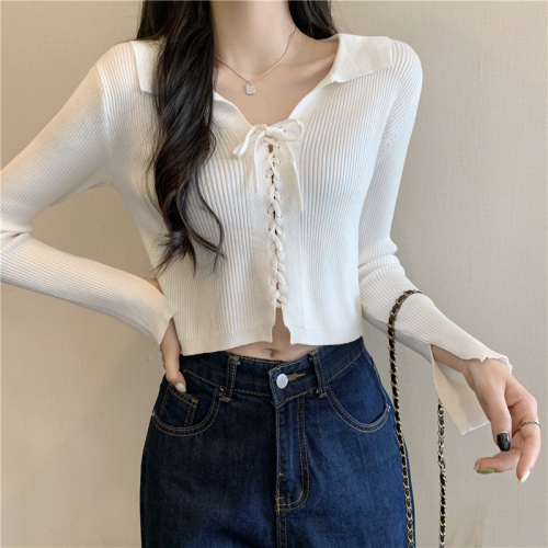 Actual shot of Korean style lace-up Polo collar slimming long-sleeved knitted bottoming shirt with cuffs slit T-shirt top