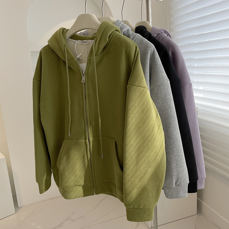 Basic white velvet zip-up jacket!  Autumn and winter thickened warm loose casual student hooded sweatshirt for women