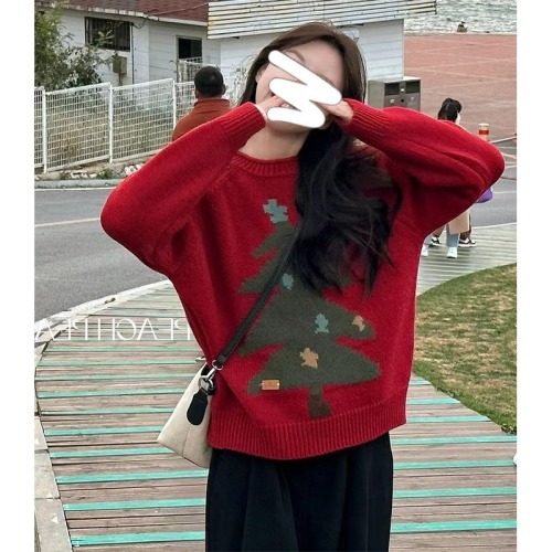 Christmas tree print contrasting color round neck pullover sweater for women autumn and winter loose outer wear long-sleeved sweater with atmosphere