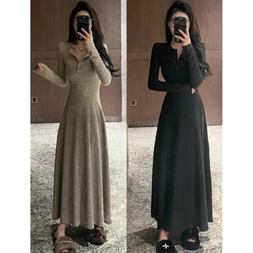 Autumn and winter V-neck pit striped knitted skirt, long-sleeved dress, French-style waistline, slimming temperament, long bottoming skirt