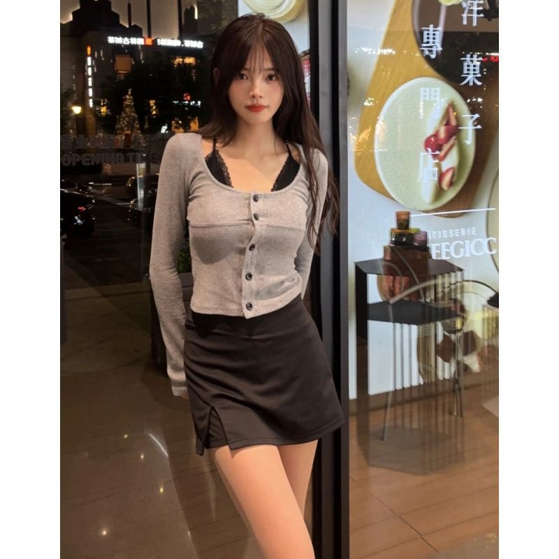 Shufu velvet fake two-piece fake two-piece lace suspender long-sleeved women's autumn and winter design niche slimming and casual