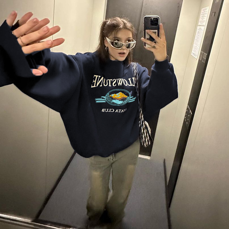 American Retro Snow Mountain Print Lazy Style Round Neck Sweater 2023 Autumn New Hot Girl Loose Long Sleeve Top Women