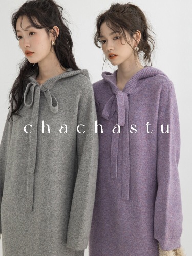 Retro long-sleeved knitted dress for women autumn and winter purple gray lazy style hooded sweater skirt