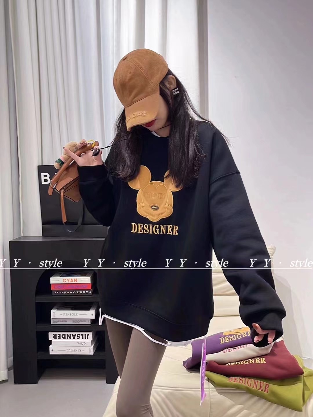 2023秋冬新款美式復古卡通米奇刺繡套頭寬鬆長袖加絨衛衣女上衣