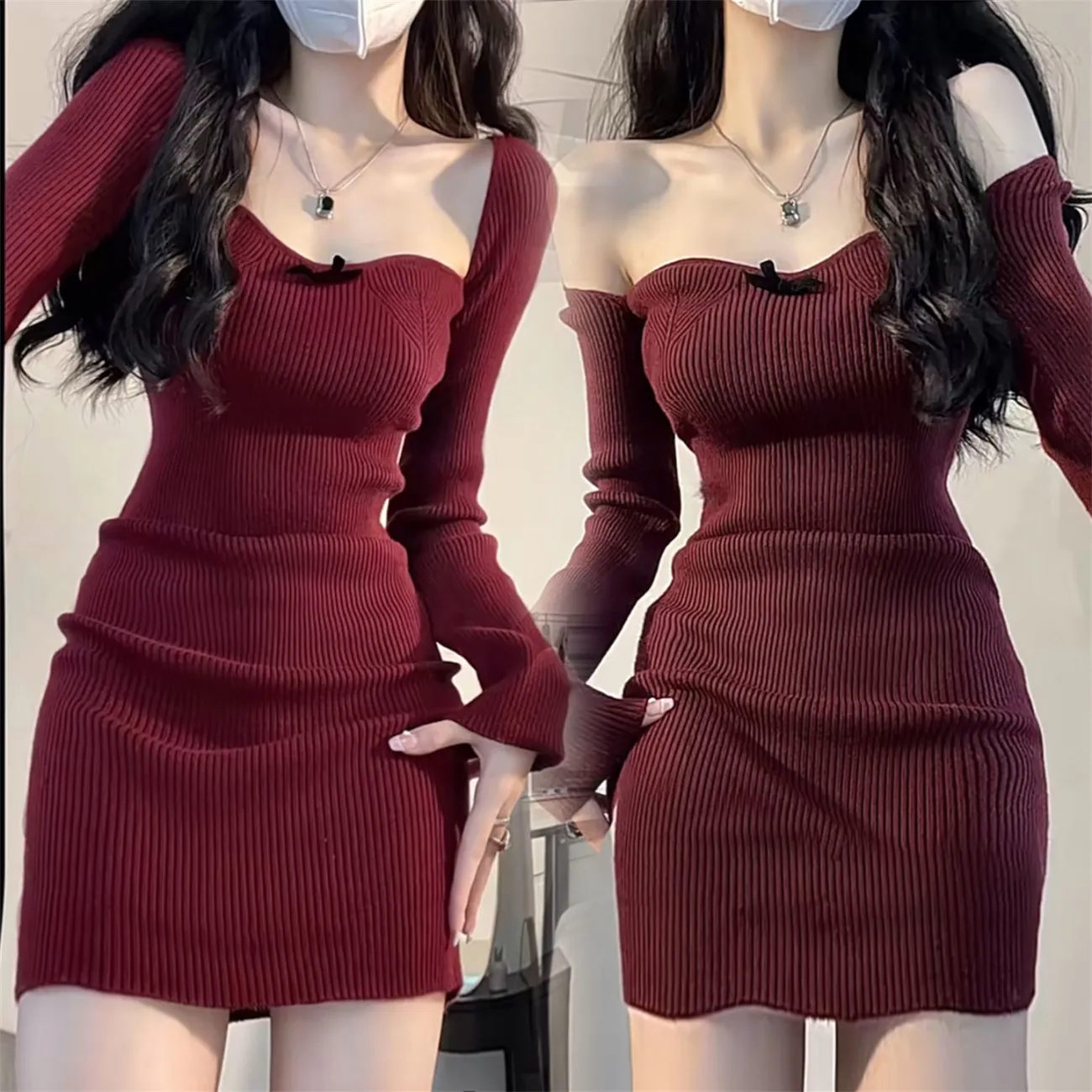Burgundy Square Neck Knitted Dress Women's Autumn and Winter Bottoming Skirt Long Sleeve Slim Fit Hip Skirt Small Christmas Skirt