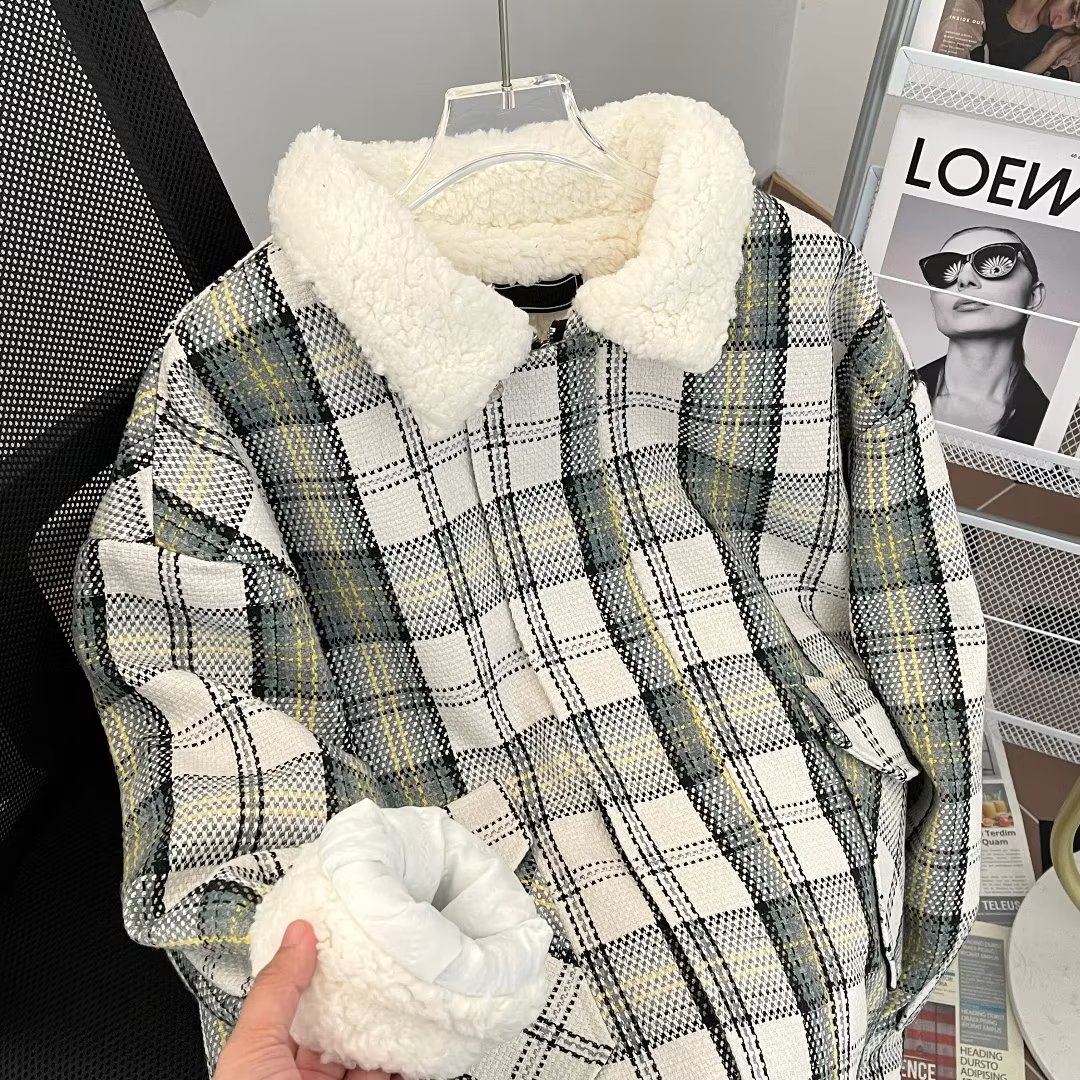 美式復古格子外套女秋季羊羔毛棉服小香風寬鬆格子棉衣潮