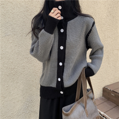 Actual shot of new autumn and winter contrasting color design knitted turtleneck sweater cardigan jacket top for women