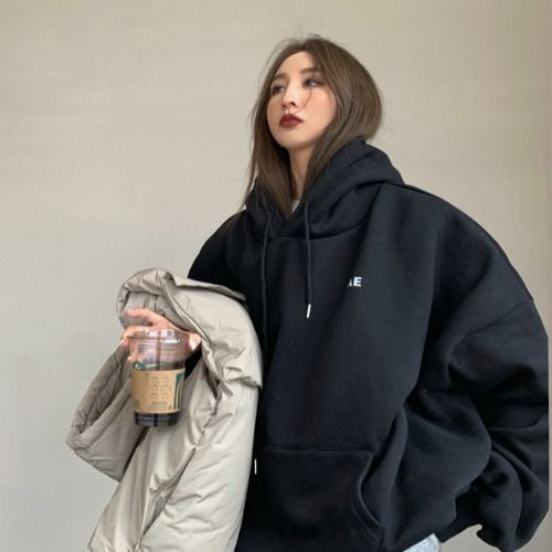 Women's autumn and winter loose and lazy top with velvet and thickened letter print hooded sweatshirt