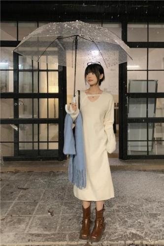 Actual shot of new autumn and winter style~V-neck ribbon long-sleeved dress French loose slimming temperament knitted long dress